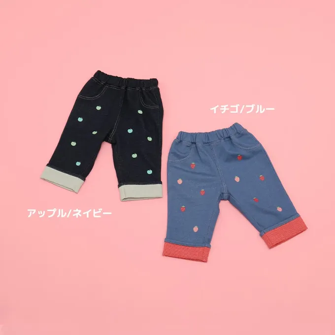 日本 ZOOLAND - 水果樂園 滿版印花摺邊七分褲-草莓-中藍