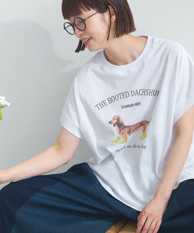 日本 Lupilien - 16OE天竺棉 臘腸狗印花短袖上衣-白