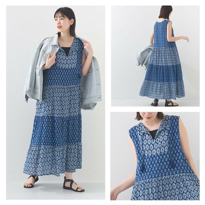 日本 OMNES - 100%印度棉 奢華印花流蘇無袖洋裝-寶藍