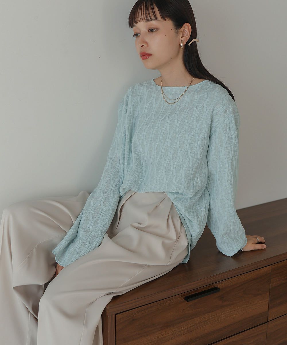 日本 Bab - 質感波紋薄長袖上衣-黑