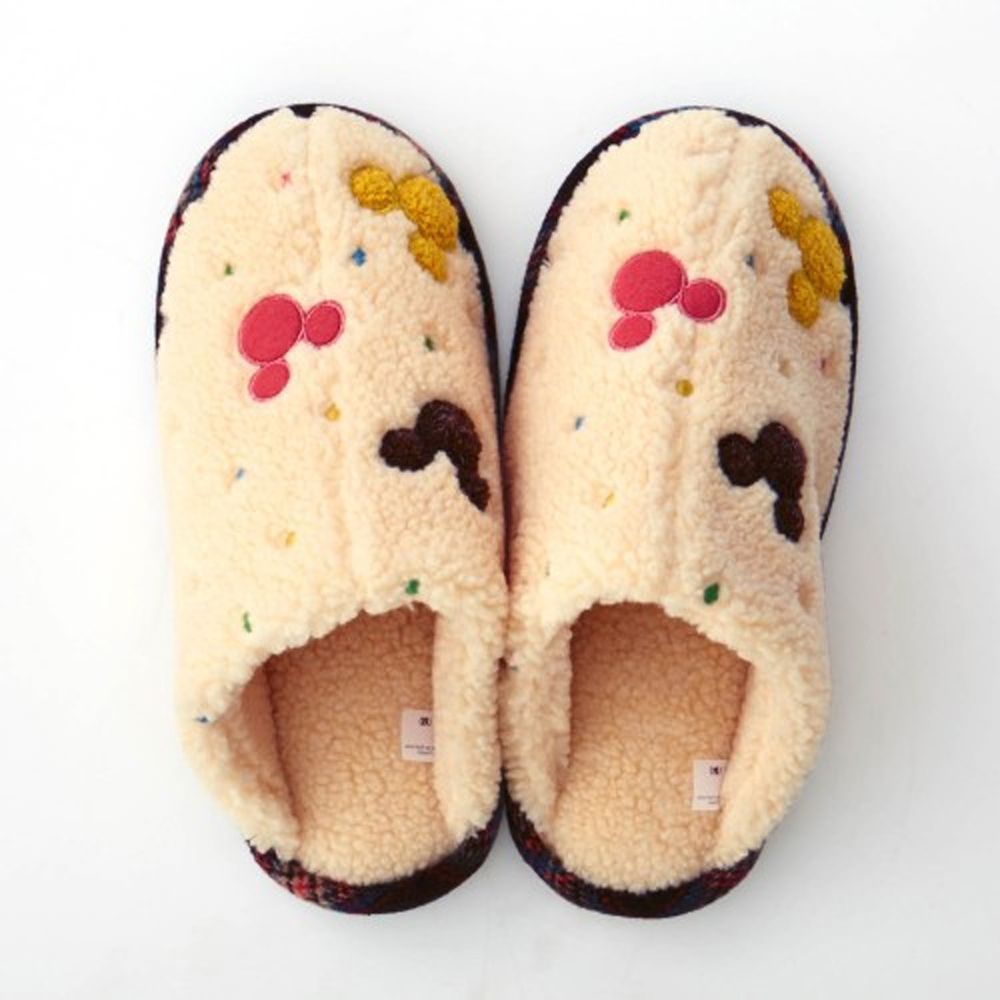 日本千趣會 - 迪士尼 刷毛保暖室內拖鞋-米奇頭點點-米黃
