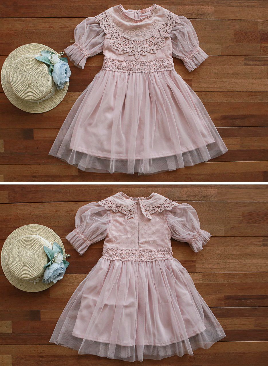 韓國 PuellaFLO - 鏤空花朵圓領網紗洋裝-粉紅