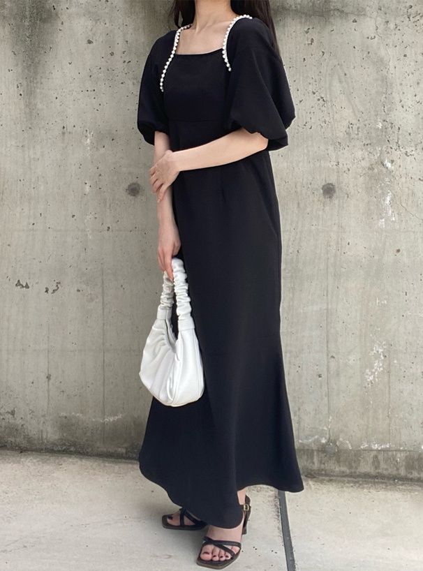 日本 GRL - 優雅蕾絲滾邊泡泡袖兩件式洋裝-煙燻藍 (F)