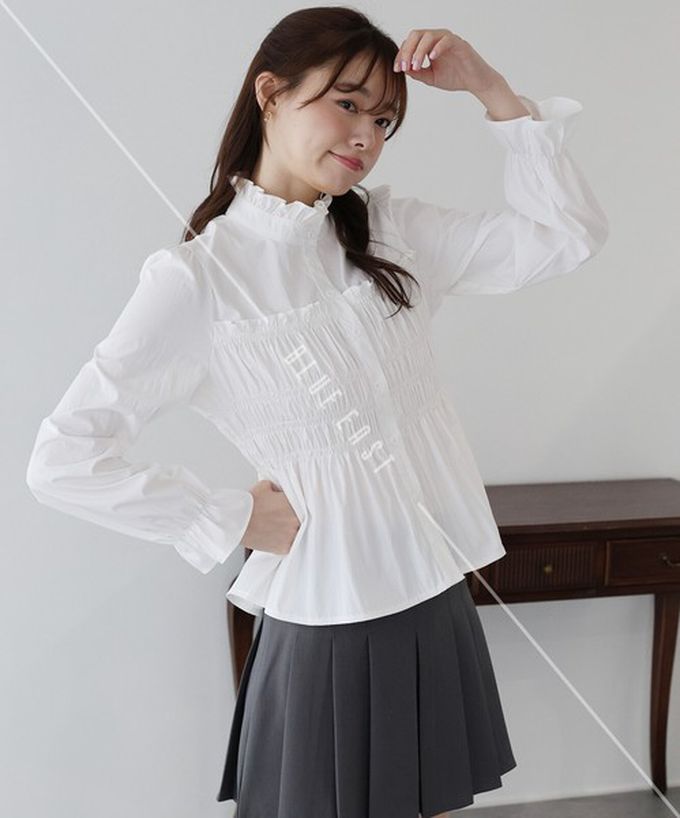 日本 BLUE EAST - 小立領荷葉皺摺束腰長袖襯衫-黑