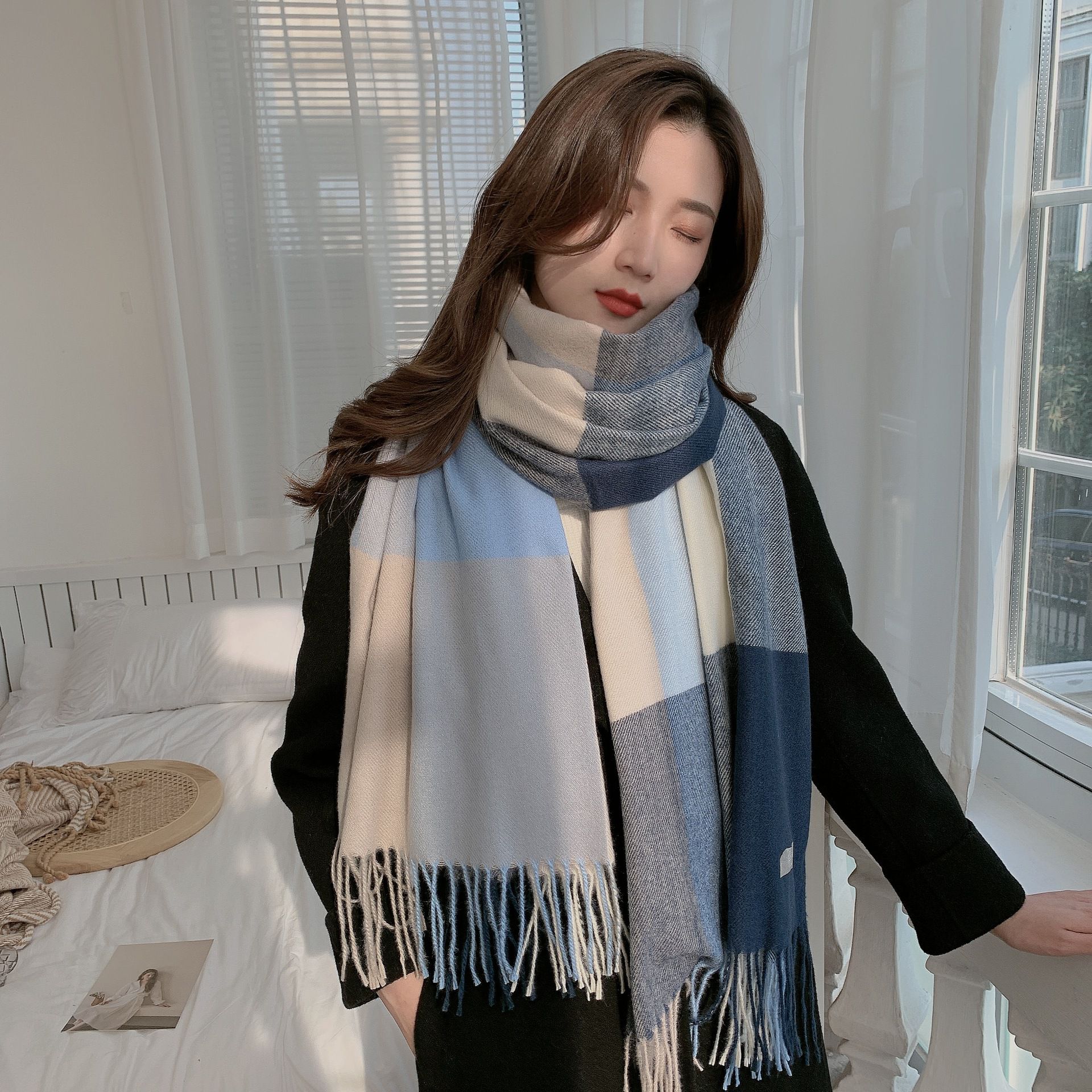 韓系仿羊絨大格子暖暖圍巾-粉+深酒紅 (200x70cm)