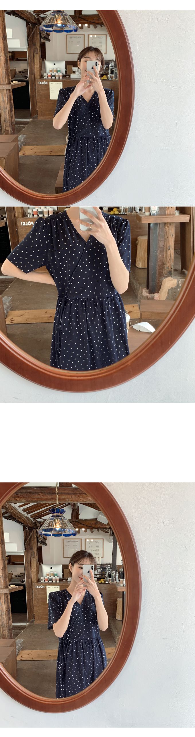 韓國 98doci - 滿版小愛心V領連身洋裝-深藍