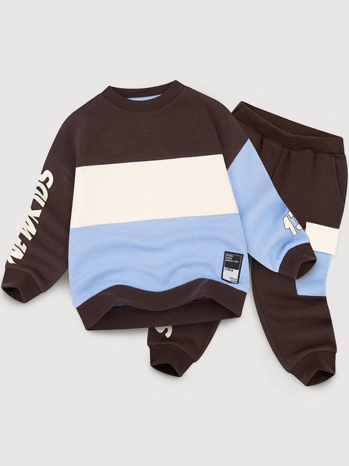 韓國 Jelispoon - 品牌標誌文字長袖套裝(內刷毛)-咖啡X藍