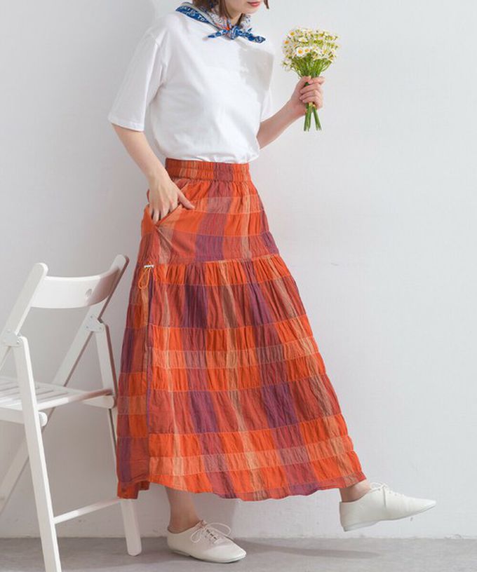 日本 Lupilien - 印度棉 皺皺文青格紋側抽繩長裙-橘