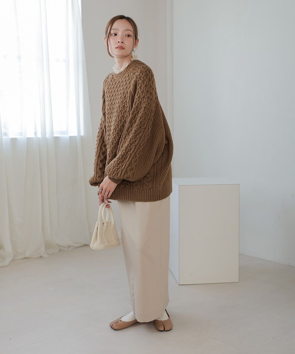 日本 Bab - 麻花編織大寬袖針織上衣-炭灰