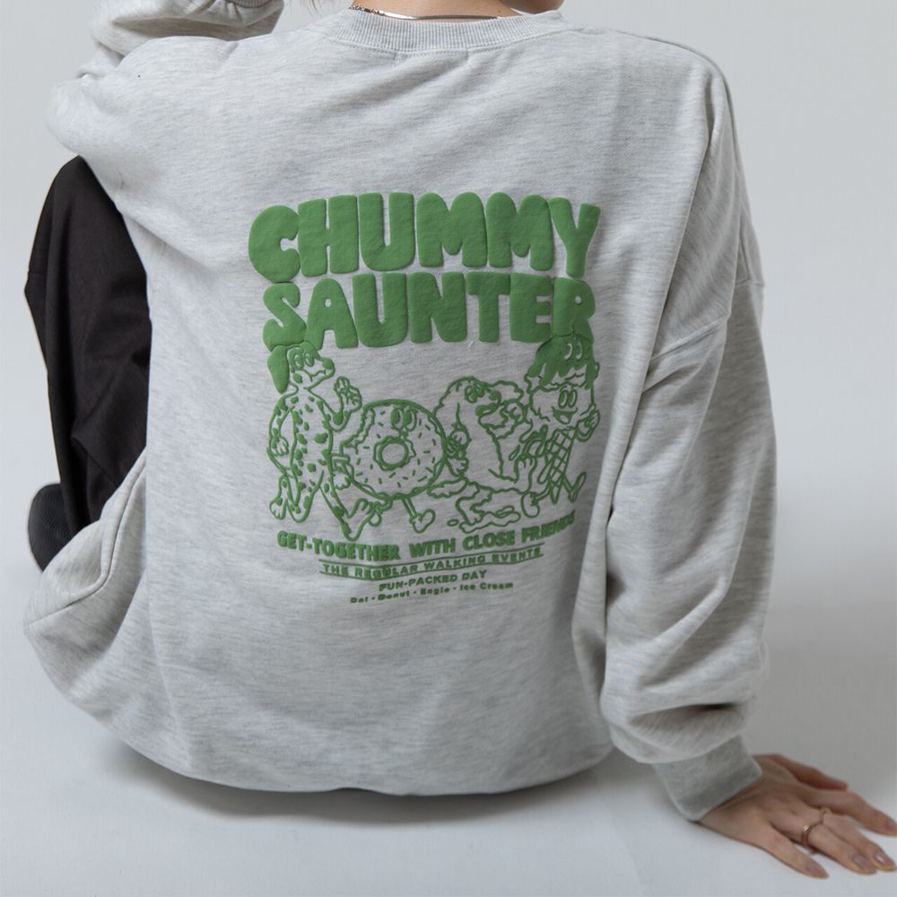 裏毛寬版甜點好友印花大學T-淺灰x綠