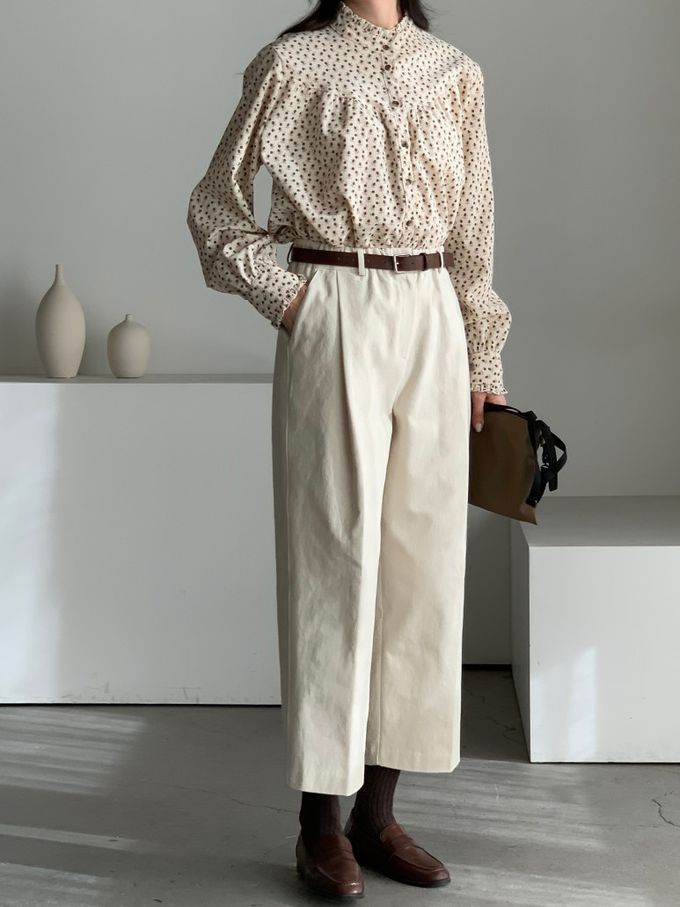 韓國女裝連線 - 滿版小花朵燈芯絨長袖襯衫-米 (FREE)