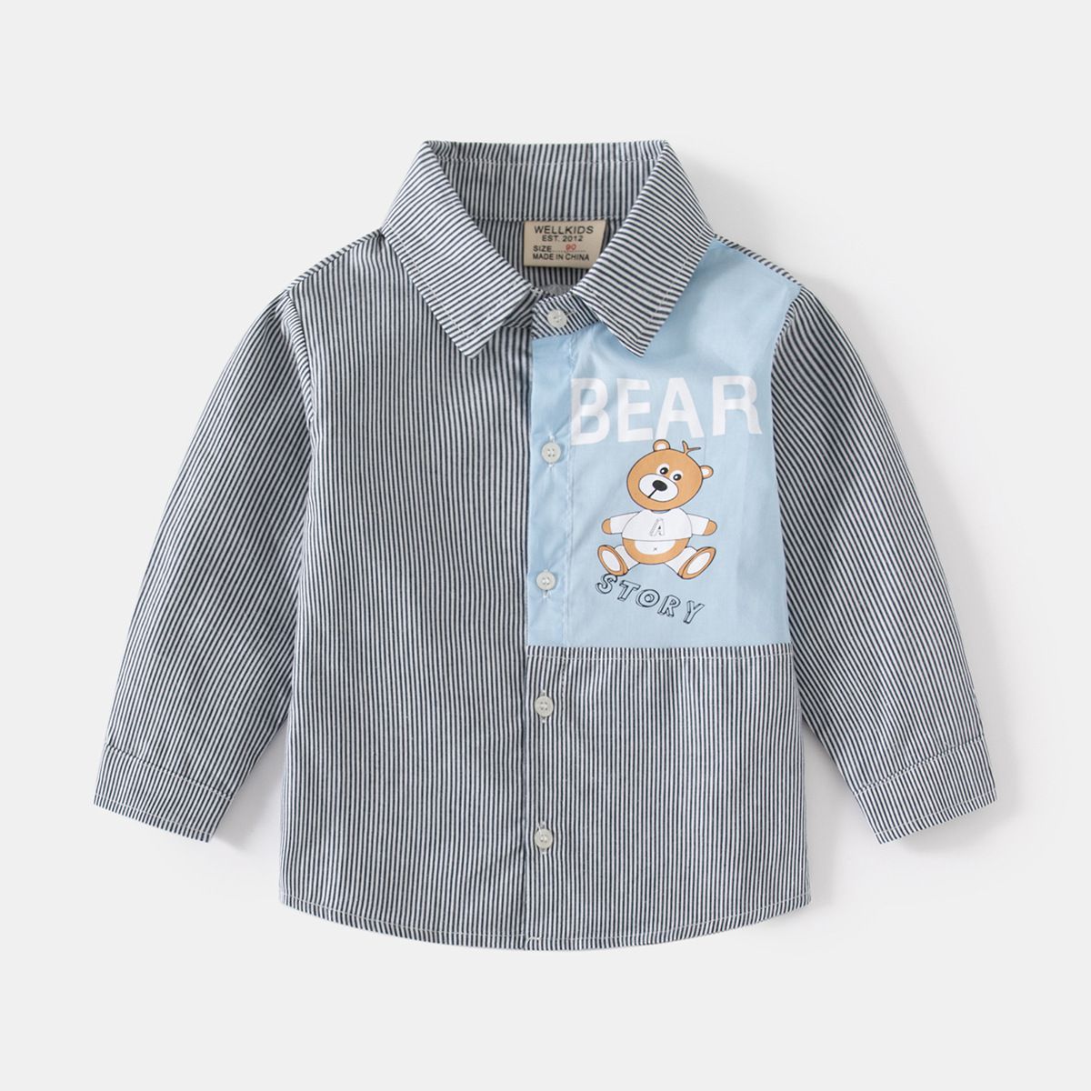 WELLKIDS - 童趣休閒條紋長袖襯衫-熊熊故事-紅色