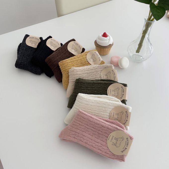 韓國Marian - 花紋素色羊毛保暖襪-芥茉黃 (Free)