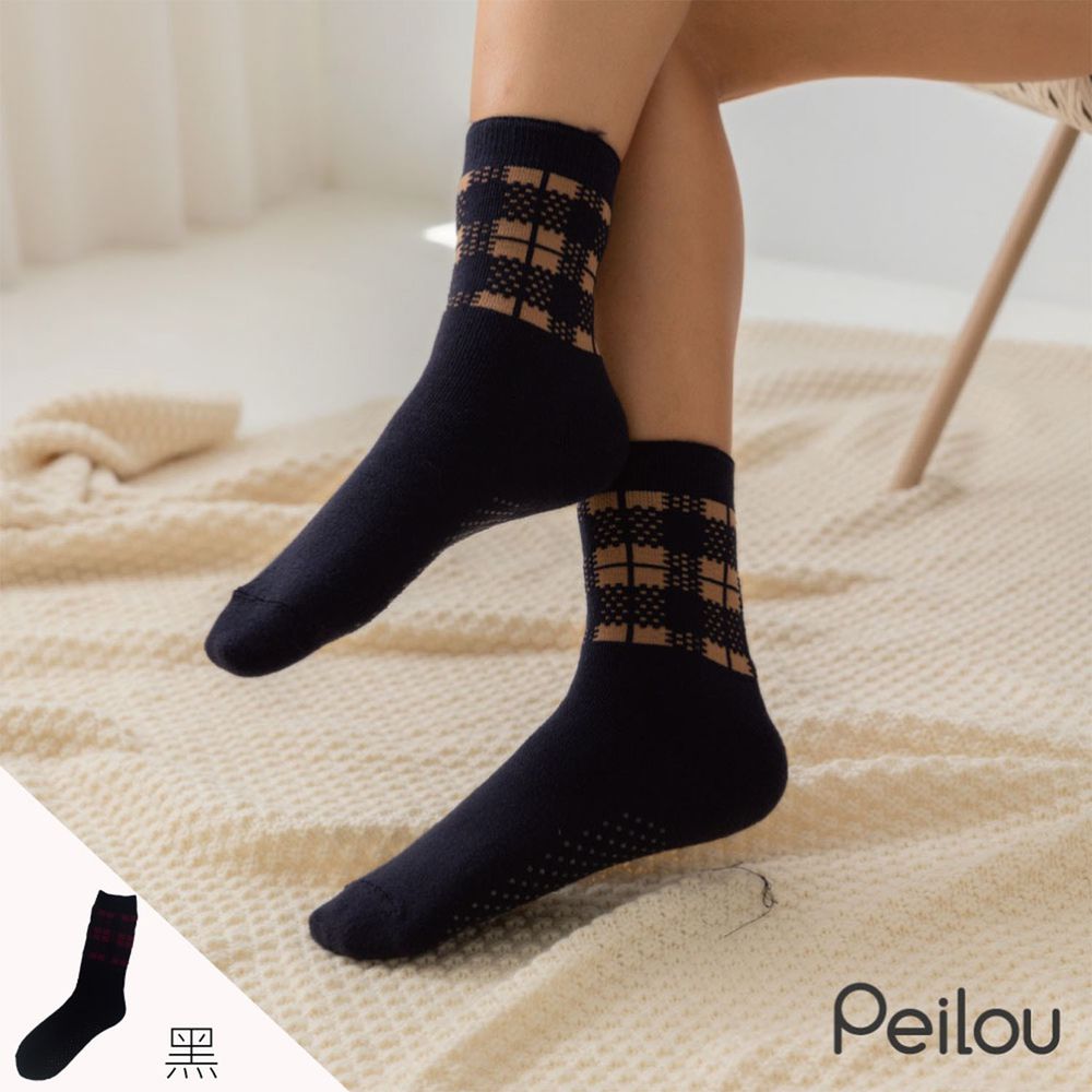 貝柔 Peilou - 裹起毛厚織長襪-格紋-黑