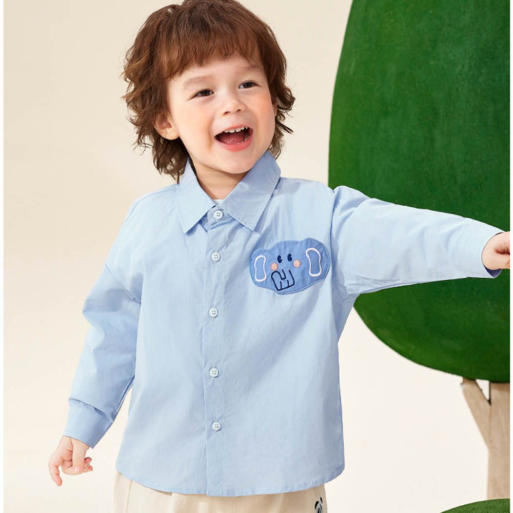 休閒百搭長袖襯衫-大象-藍色