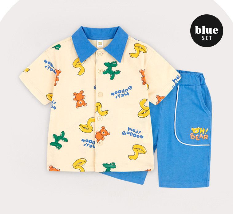 韓國 HEJMINI - 氣球印花排扣襯衫套裝-米X藍