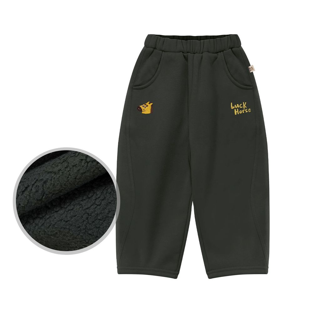 內刷絨立體刺繡彎刀褲/繭型褲-好運小馬-深灰