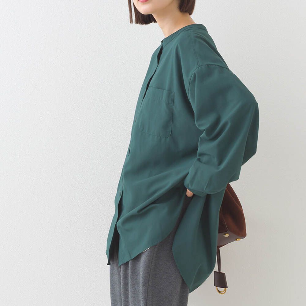 柔滑科技棉 小立領長袖襯衫-濃綠