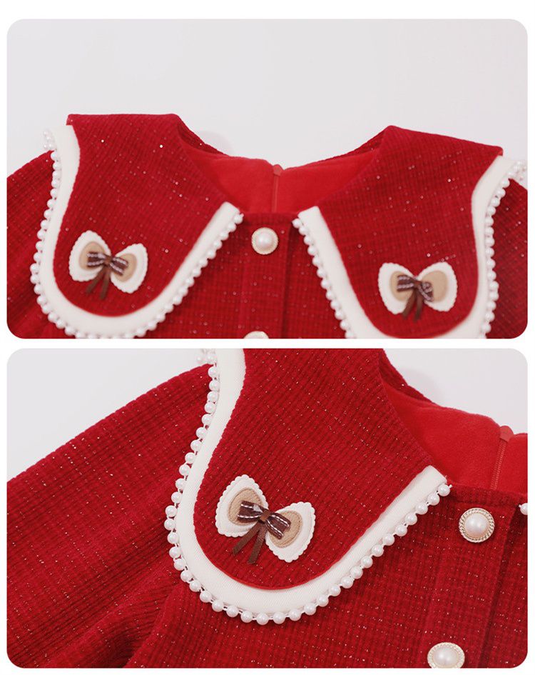 加絨不規則翻領氣質長袖連身洋裝-蝴蝶結-紅色