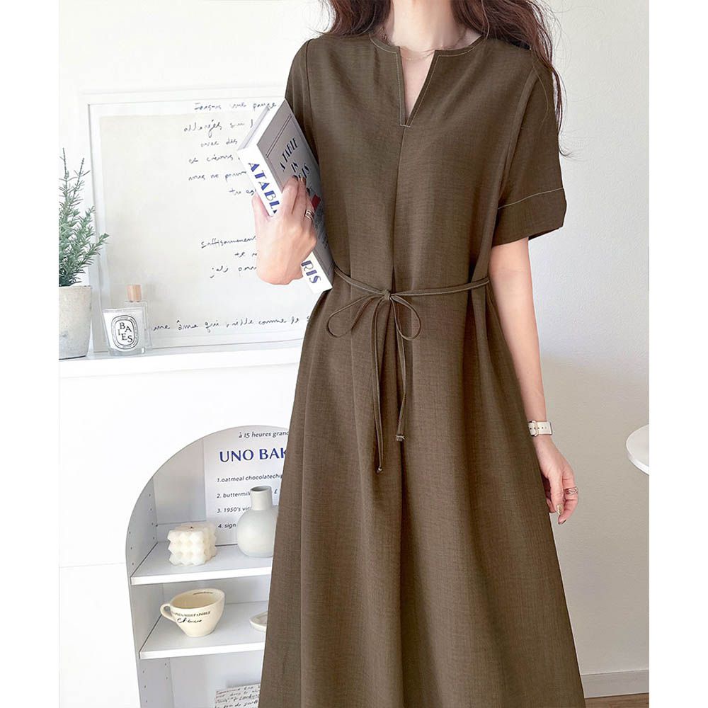 鑰匙領綁帶休閒感縫線短袖洋裝-咖啡