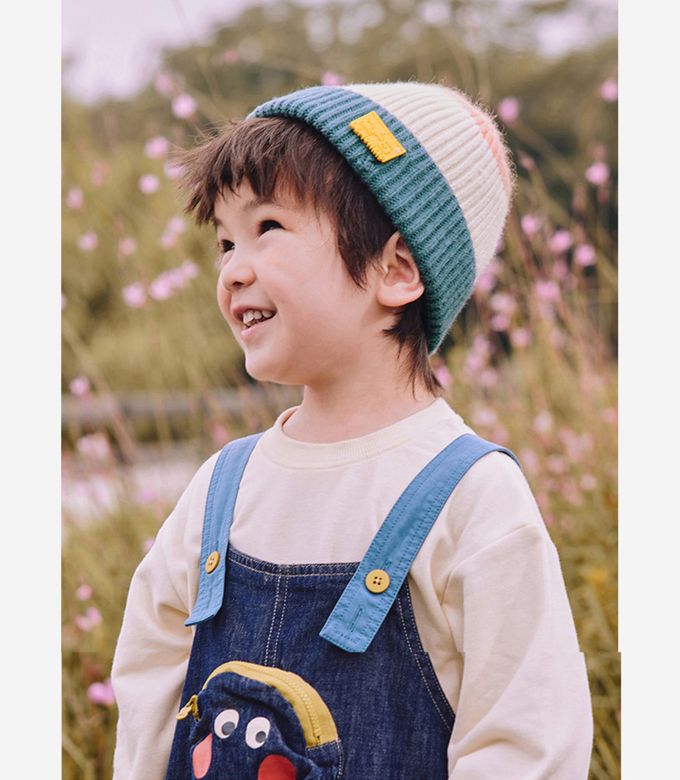 韓國lemonkid - 拼色保暖針織帽-大碼 (黃藍)