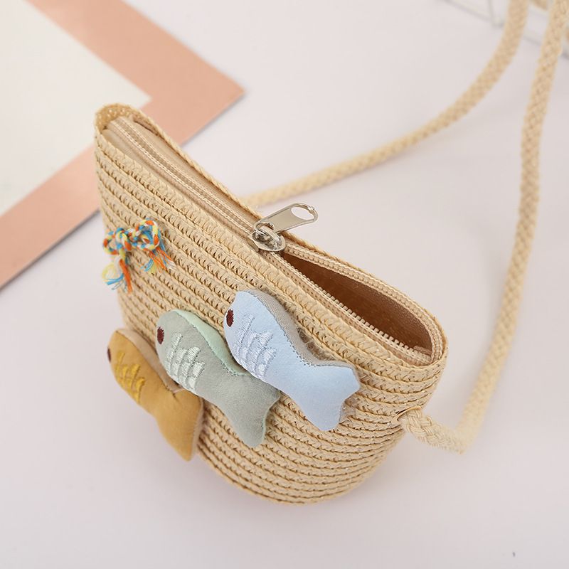 日系不規則大帽簷草帽/遮陽帽(附小背包)-小魚-咖啡色 (建議2-8歲)