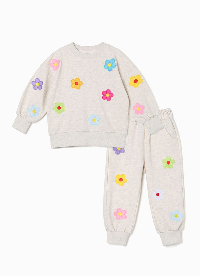 韓國 OZKIZ - 繽紛花朵休閒長袖套裝-燕麥