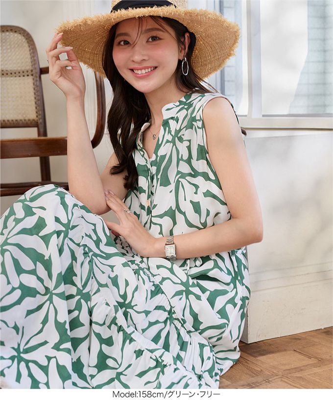 日本 Kobe Lettuce - 迷人渡假風純色印花無袖洋裝-綠 (F)