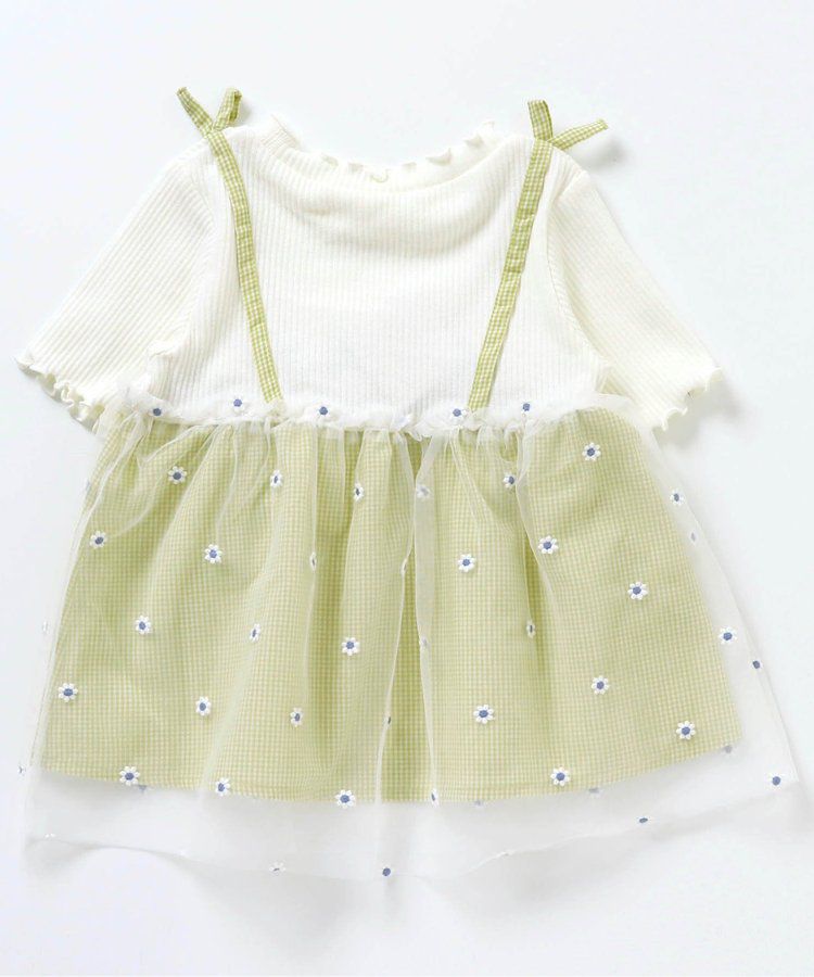 日本 apres les cours - 花朵刺繡拼接夢幻短袖上衣-卡其x粉紅