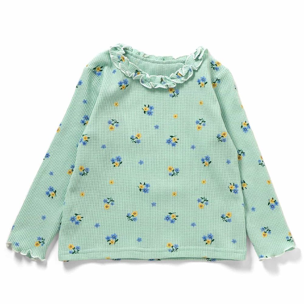 荷葉木耳領華夫格薄長袖上衣-小花-薄荷綠