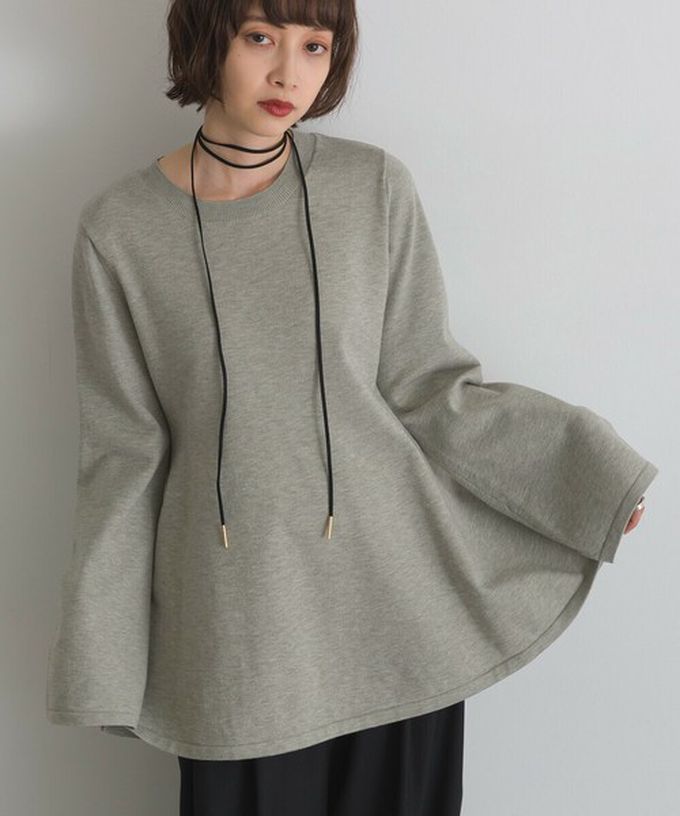 日本 ELENCARE DUE - 成熟傘擺腰線針織長袖上衣-灰