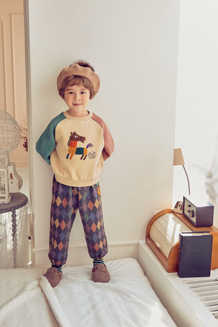 韓國 Mimico - (裏起毛)立體木馬拼接色T