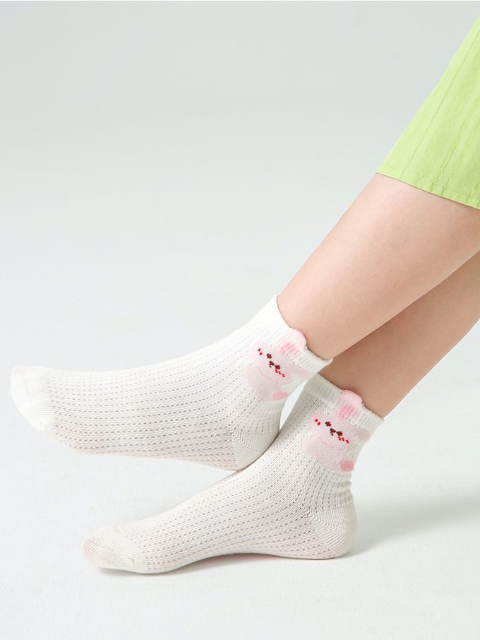 可愛粉紅兔蝴蝶結網眼短筒棉襪