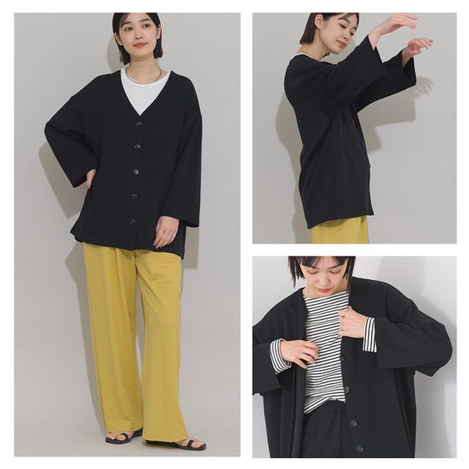 日本 OMNES - 抗UV抗花粉 柔滑無領開襟衫外套-黑