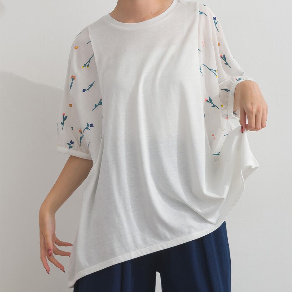 可愛刺繡圓領泡泡短袖上衣-花草-白
