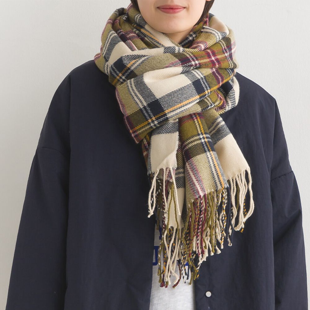 羊毛混紡經典格紋圍巾披肩-N(奶茶x綠棕)