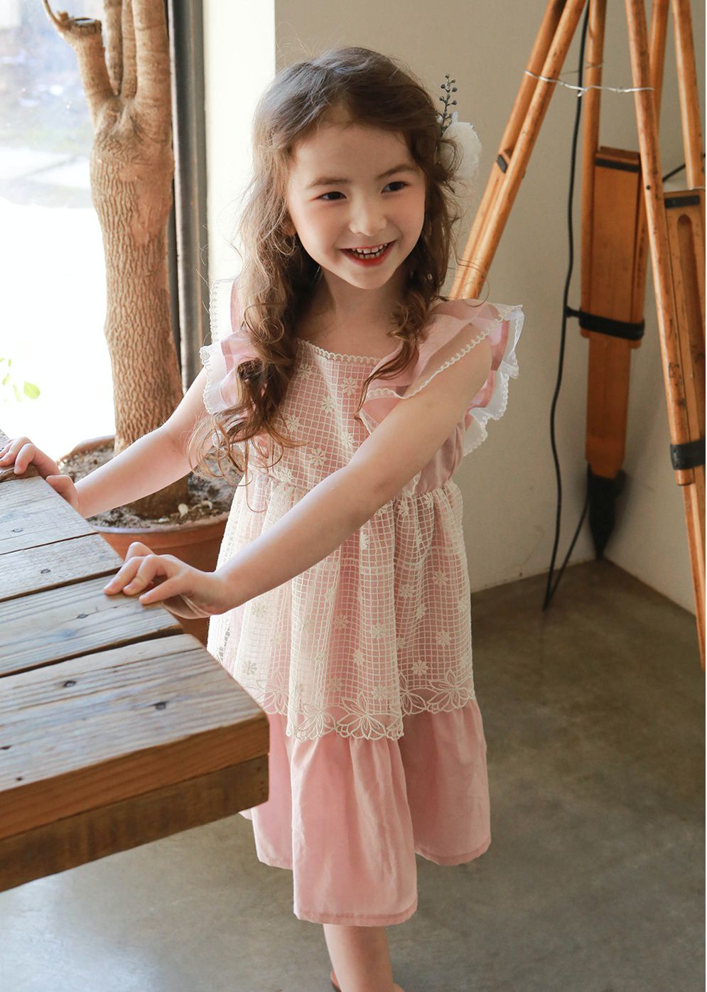 韓國 PuellaFLO - 假兩件格子花朵圍裙洋裝-粉紅