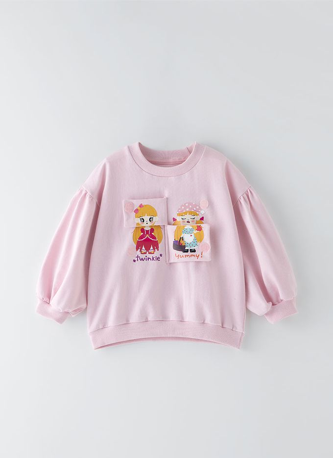 韓國 OZKIZ - 立體小女孩長袖縮口上衣-粉