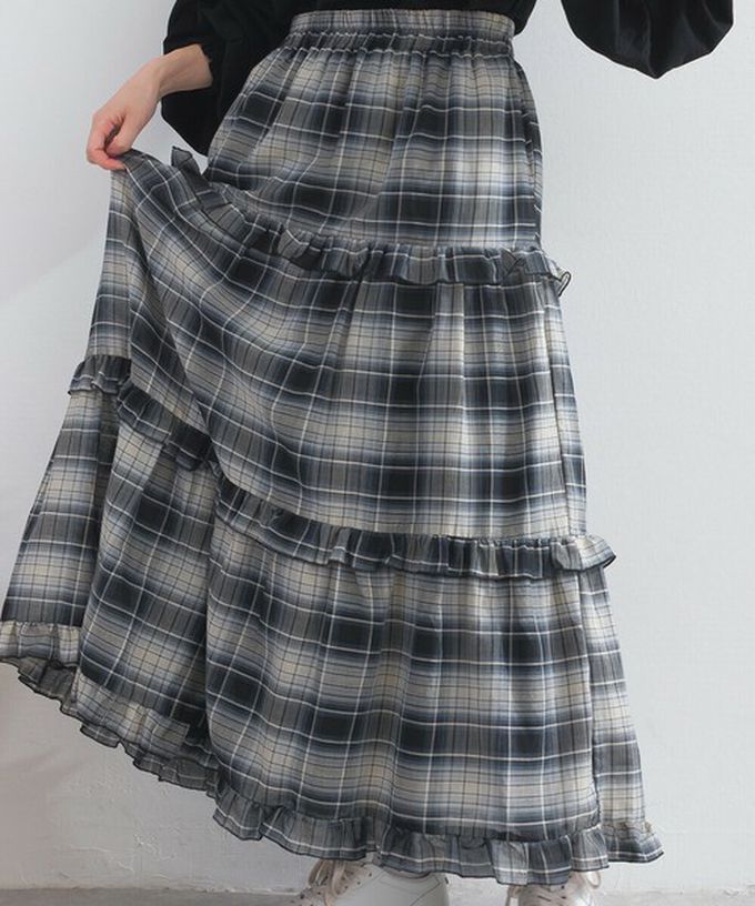 日本 Lupilien - 精緻格紋輕盈感分層俏麗長裙-黃綠