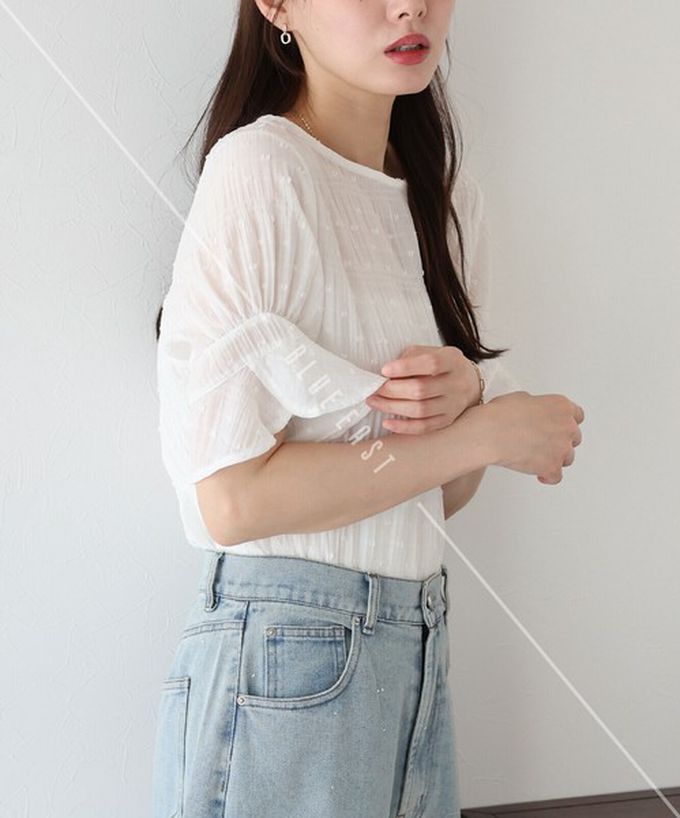 日本 BLUE EAST - 細緻圓點緹花透膚短袖上衣-黑