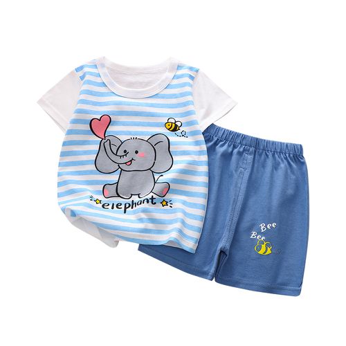 JoyNa - 兒童純棉短袖 兩件式家居服套裝 圓領套裝-藍條大象
