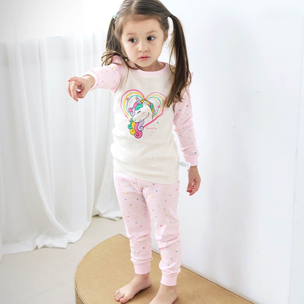 細緻柔棉彈性長袖家居服-星星獨角獸-米X淺粉