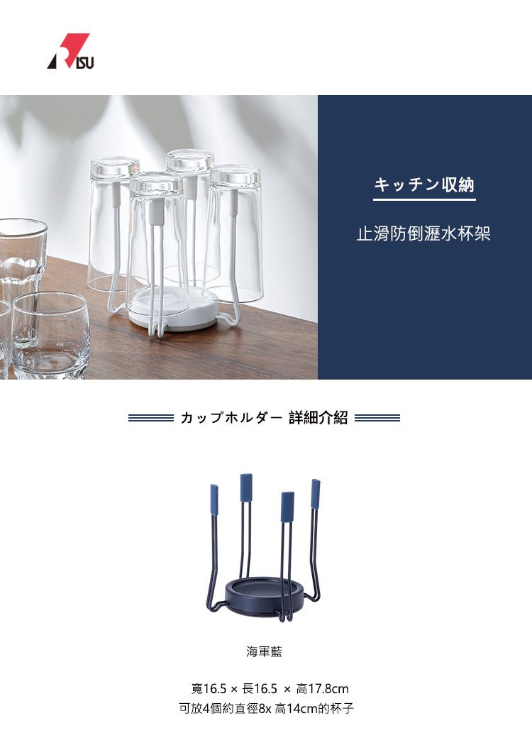 日本 RISU - 止滑防倒瀝水杯架-海軍藍