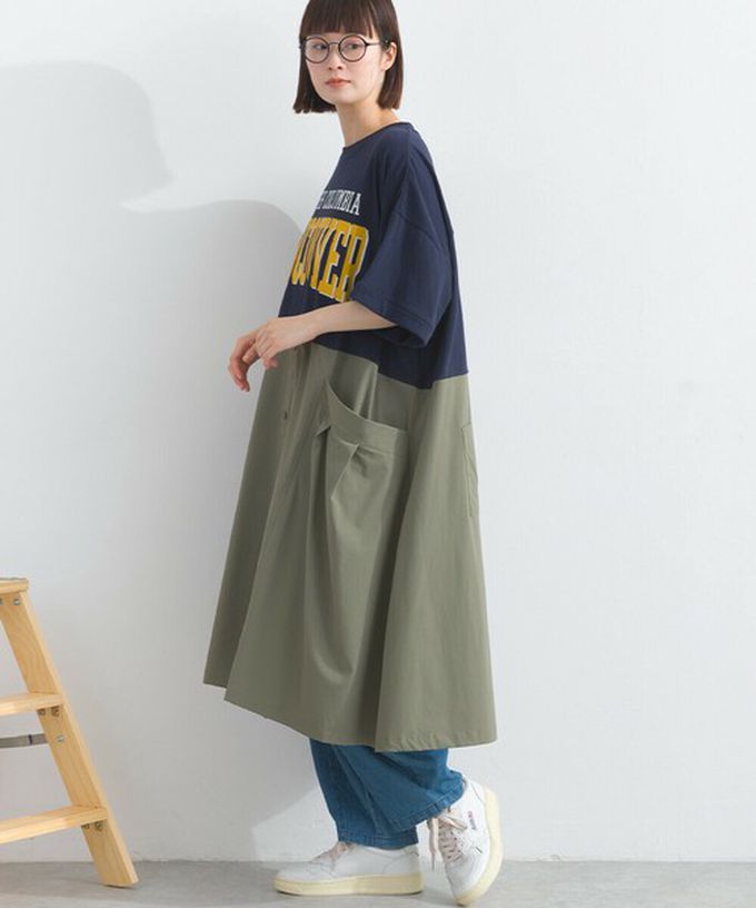 日本 Lupilien - 異素材撞色學院風俐落短袖洋裝-海軍藍