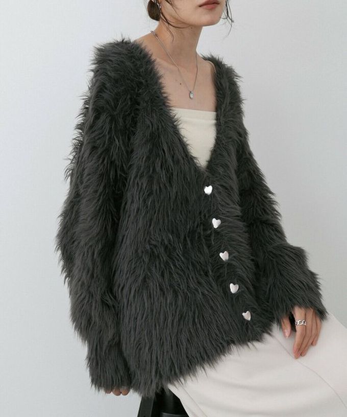 日本 Bab - 奢華毛海愛心扣前後2way開襟衫-長版-果綠