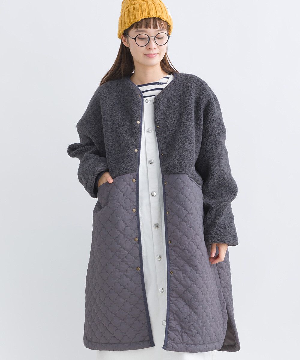 日本女裝代購 - 毛茸雲朵絎縫拼接長版鋪棉外套-軍綠