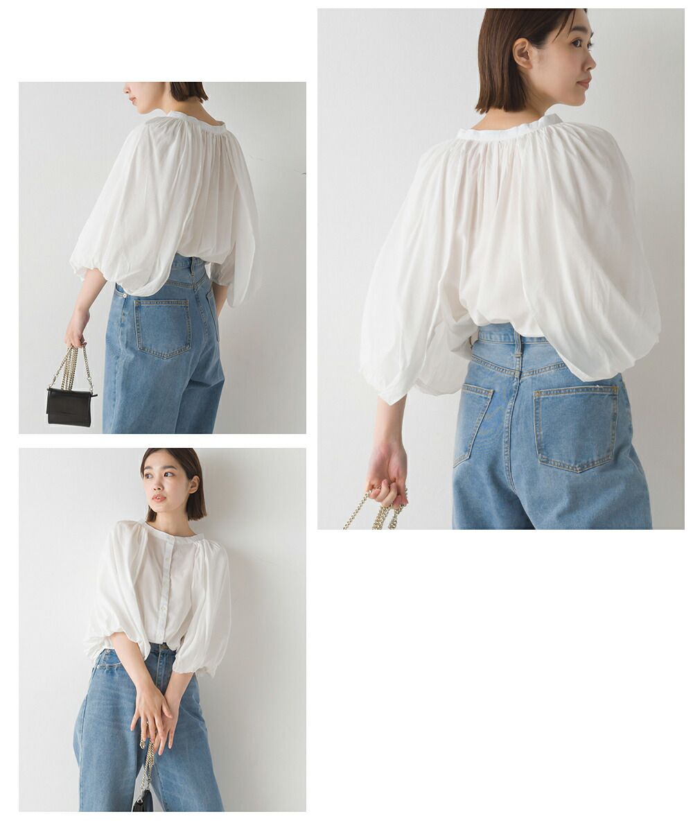 日本 OMNES - 嫘縈混抓皺澎澎袖襯衫-天使白