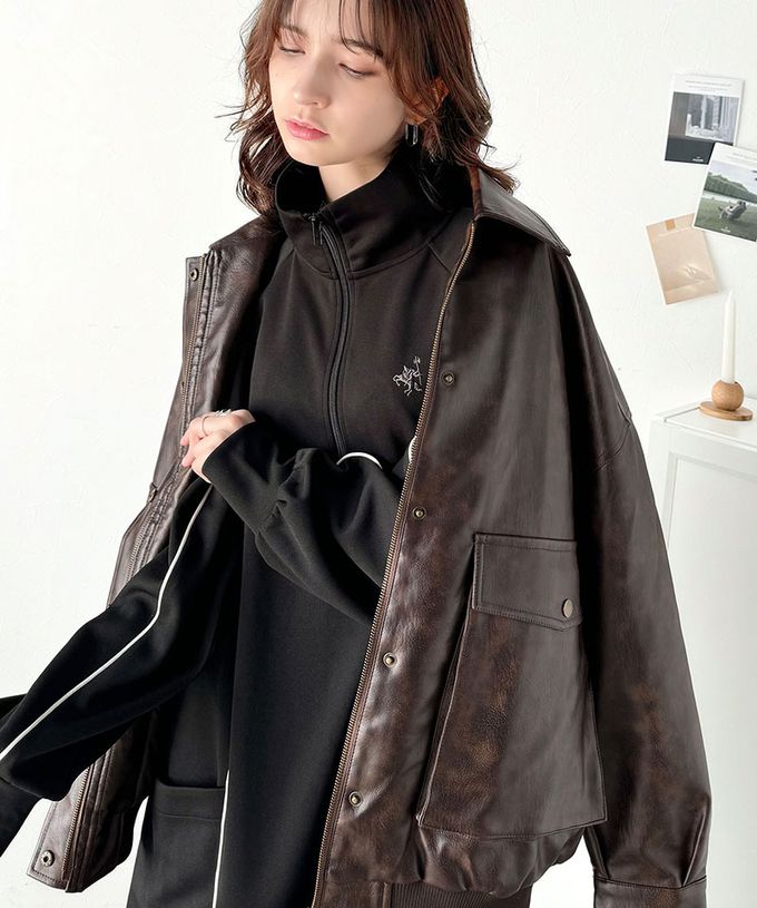 日本 Classical Elf - 異素材荷葉拼接半拉鍊寬版長袖洋裝-炭灰