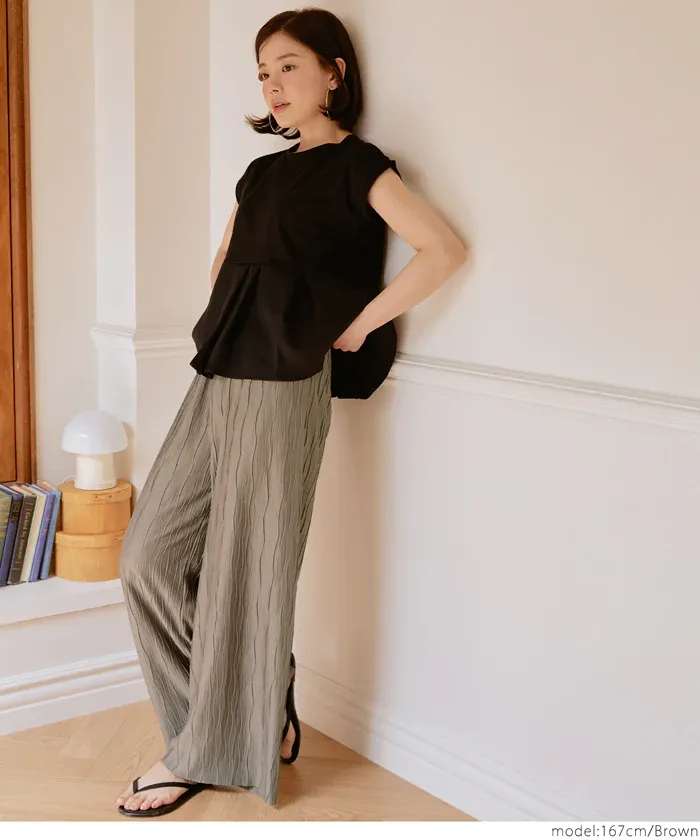 日本 COCA - [可剪裁] 百搭波浪紋垂墜寬褲-深灰