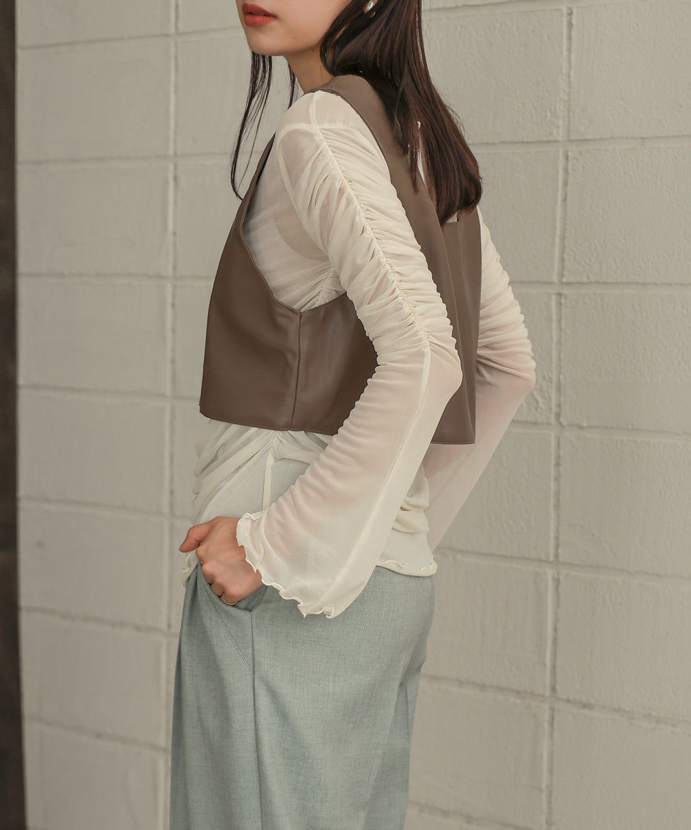 日本 Bab - 時尚透感抓皺長袖內搭/上衣-深可可